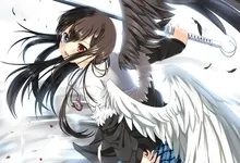wings weapons feathers fantasy art heterochromia seifuku anime girls black hair 1300x1040 wallpap Art HD Wallpaper